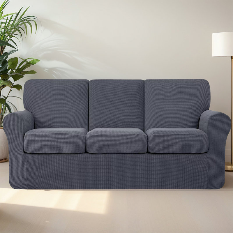 Polyester Box Cushion Sofa Slipcover, Dark Gray Polyester