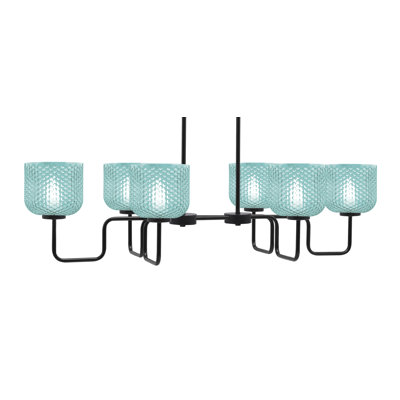 Luminaire pour îlot 6 lumières Amarmula, finition noir mat, verre texturé turquoise 6 po