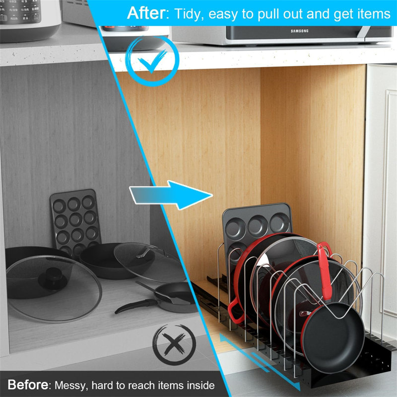 Two-piece cabinet pull-out pot rack with sliding design, suitable for storing pot lids, bakeware and pans, space-saving, practical and convenient.