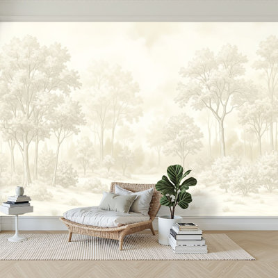 Peel and Stick Wallpaper 96" W x 69" H Modern Self Adhesive Wall Mural for Bedroom Serene Forest Landscape Soft Lighting Gentle Mist