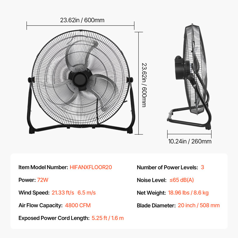  Ventilateur de plancher 3 vitesses, H 23,62 po x l 23,62 po x P 10,24 po