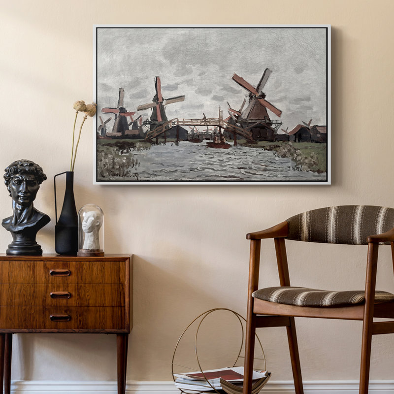Windmills près de Zaandam, 1871 - Claude Monet, toile tendue avec châssis, 24 po x 36 po, Blanc