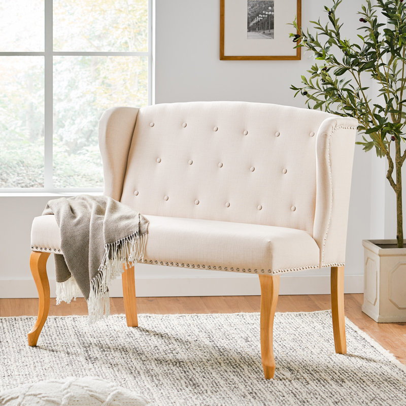 Epone Polyester Blend Upholstered Bench, Natural Plain