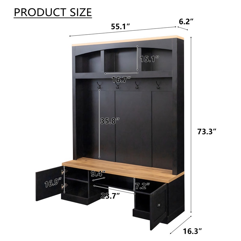Farmhouse 4-In-1 Hall Tree With Wood Grain Bench And Top, Black