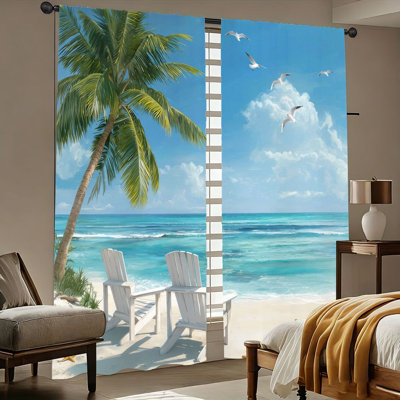 2Pcs Tropical Beach Curtains, Summer Ocean View, Palm Tree and Seagulls, Light Filtering Privacy, Rod Pocket Design, for Living Room Bedroom Balcony Kitchen Home Decor