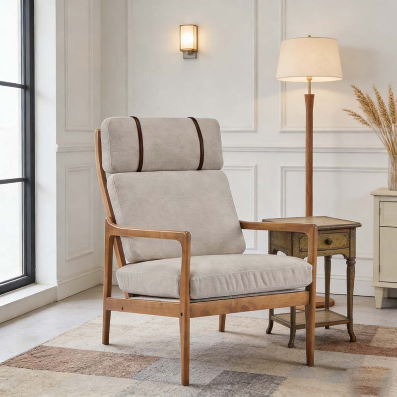 Modern Accent Armchair, Solid Wood Frame with High Back, Light Gray,Walnut, Fabric