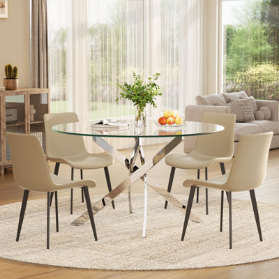 Ensemble de salle à manger moderne en verre rond, table en acier inoxydable avec chaises en cuir de polyuréthane, ensemble de salle à manger et de cuisine contemporain pour 4 à 6 personnes, luxe et économie d'espace