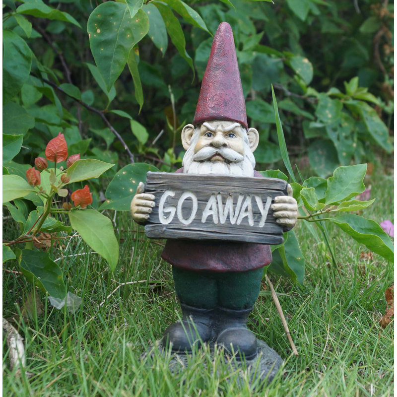 Red and Green Polyresin Gnome Garden Statue with Go Away Sign