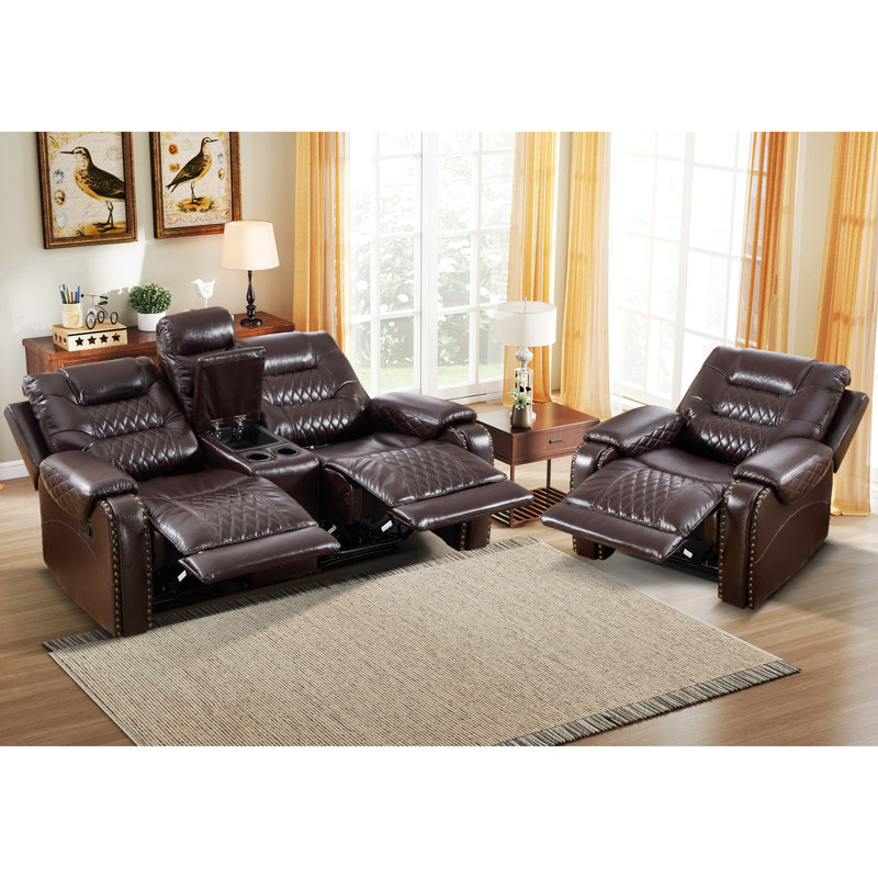 Ensemble de salon inclinable manuel en similicuir 2 pièces avec console de rangement et porte-gobelets, Marron foncé