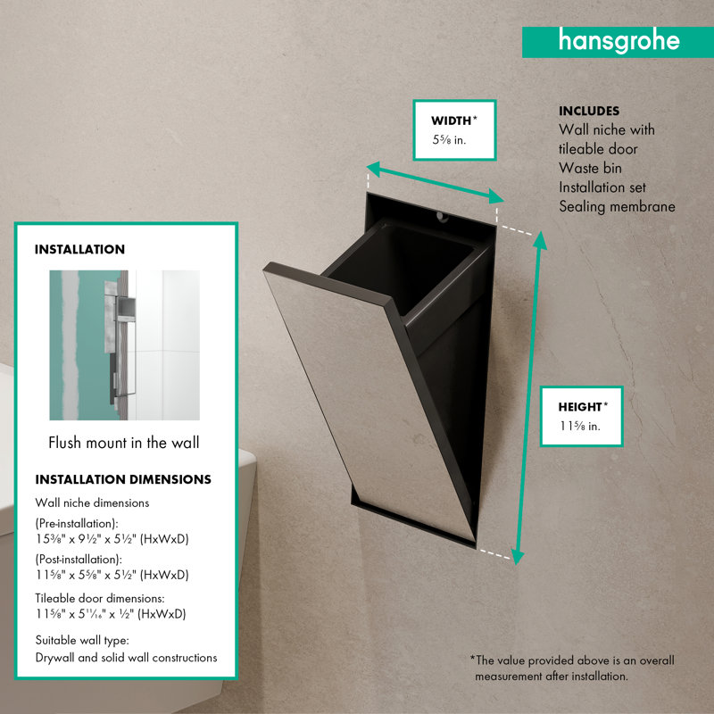 hansgrohe XtraStoris Rock Recessed Trash Bin with Shelf & Tileable Door, Matte Black