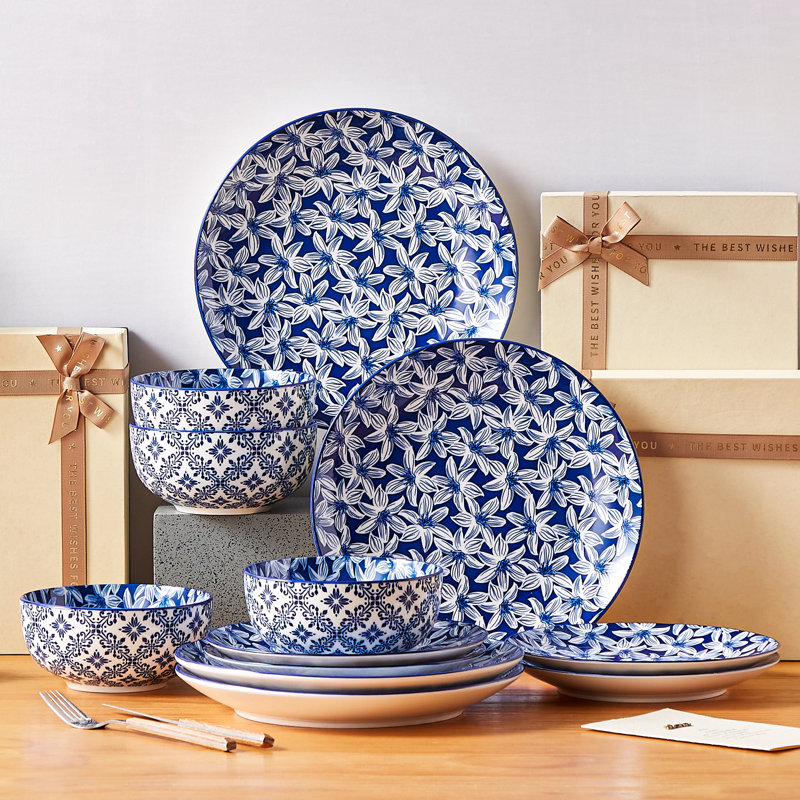 Selene 12 Piece Porcelain Dinnerware Set, Service For 4, White Orchid
