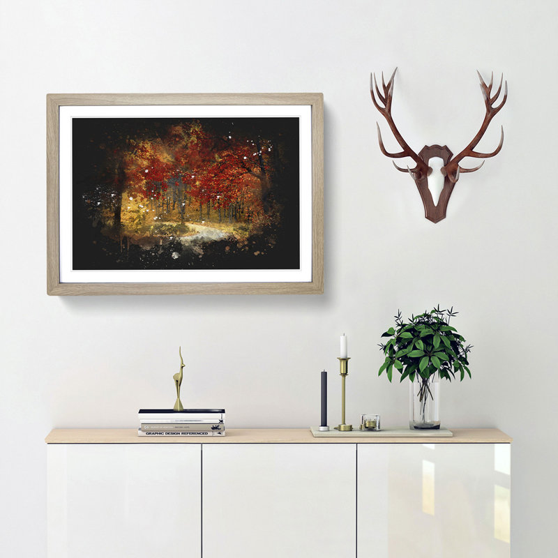 Path Through The Forest At Autumn - Single Picture Frame Print on MDF, 33cm H x 45cm W x 2cm D, Oak Framed