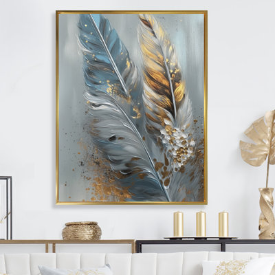 Gwyndolin Gold Feather Wanderlust I - Glam Feather Framed Canvas Print Wall Art