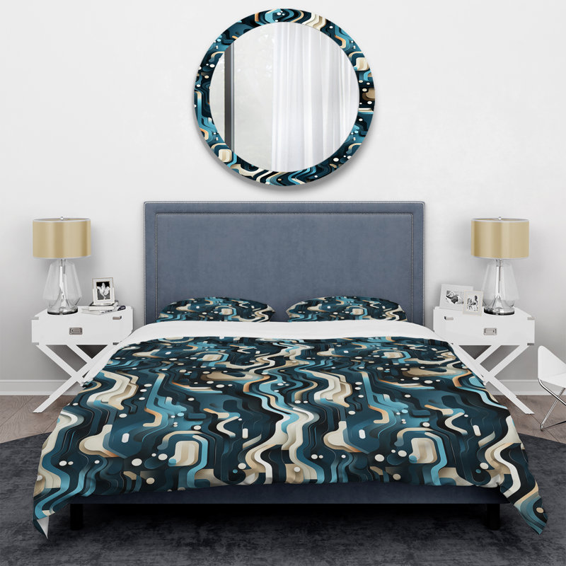 Literie matricielle bleu sarcelle et blanche, Housse de couette pour très grand lit et 2 très