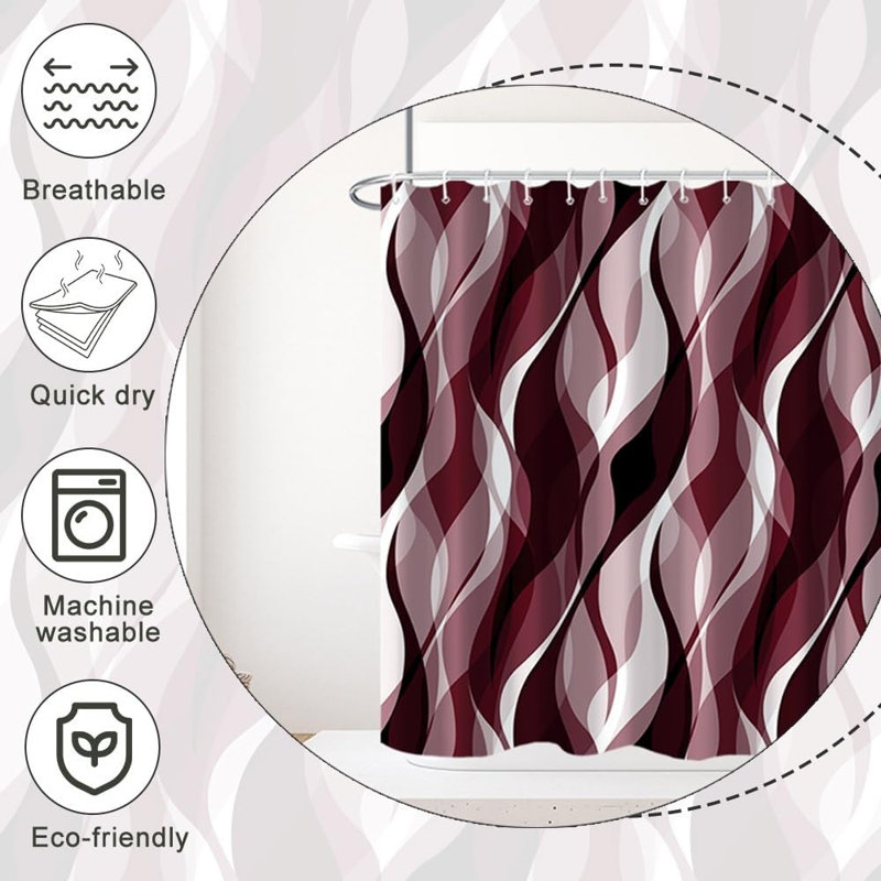 Pack of 1 Modern Abstract Striped Shower Curtain Set with Hooks, 182.88cm H x 91.44cm W, Burgundy