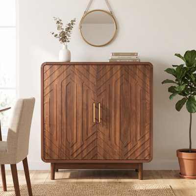 Modern Walnut Sideboard Storage Cabinet with Geometric Carved Doors, 2-Door Buffet Cabinet with Adjustable Shelf, Accent Cabinet for Dining Room, Living Room & Entryway