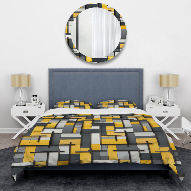 Yellow And Grey Geometric Blocks Harmony - Ensemble de housse de couette géométrique
