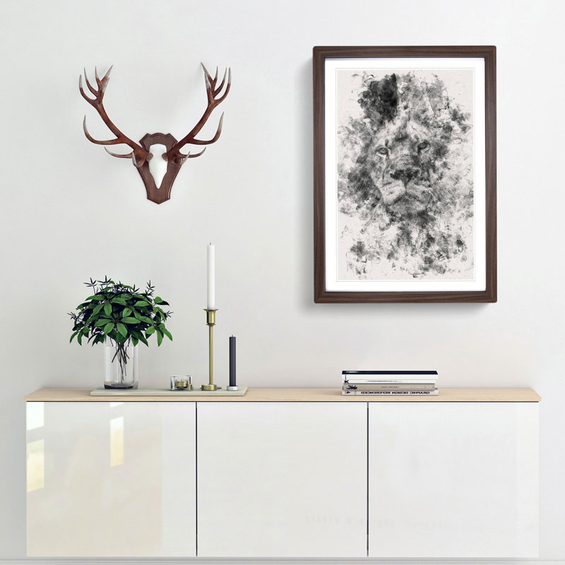 The Proud Lion - Picture Frame Graphic Art, 45cm H x 33cm W x 2cm D, Walnut Framed