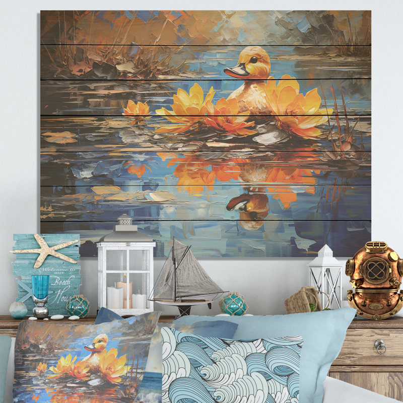 Canard bleu et brun dans un étang III - animal canard sur bois, H 10 po x l 20 po