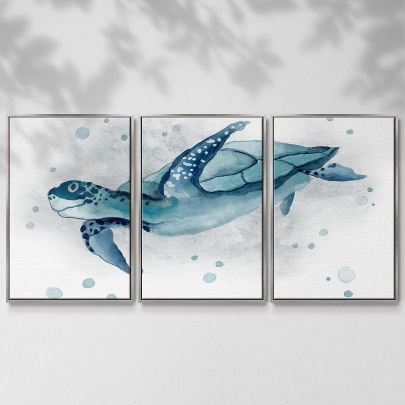 «Blue Turtle II», peinture sur toile 3 pièces, H 36 po x l 75 po, Encadrement argenté