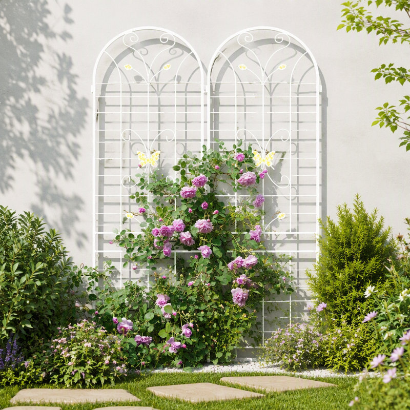 Ensemble de 2 treillis de jardin en métal 86,7 po antirouille pour plantes grimpantes, Blanc, crème, H 86,74 po x l 80,04 po 