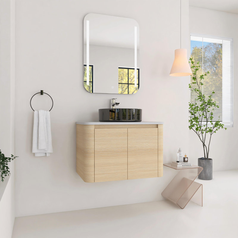 Meuble-lavabo mural de 30 po avec portes à fermeture en douceur en chêne blanc américain, Noir et blanc
