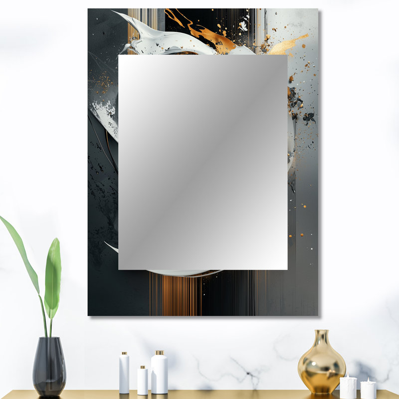 Black And Gold Abstract Shapes And Lines IV - Abstract Shapes Unique Wall Mirror, Gold Mirror, Printed Metal Art, 40" x 30"