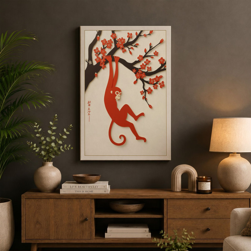 Playful Monkey in Blossom Japandi 1 Piece Wrapped Canvas Wall Art, 36x24 - 91.4 x 61.0 cm, Black Border