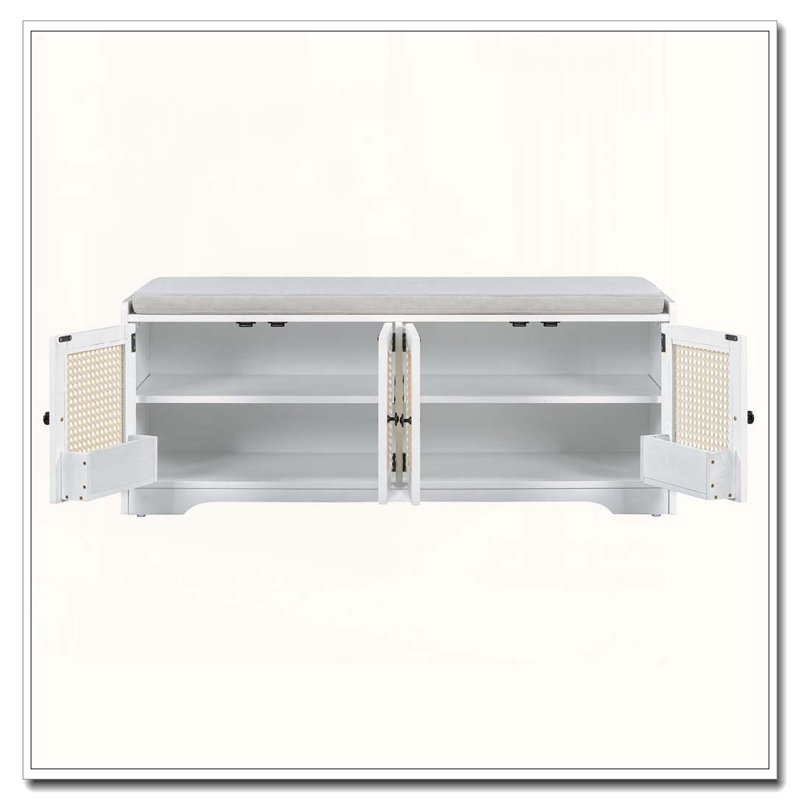 Rustic Storage Bench with 4 Rattan Doors, Adjustable Shelves, and Removable Cushion, White