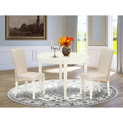 3 Piece Kitchen Table & Chairs Set Contains a Round Dining Room Table and 2 Cream Linen Fabric Upholstered Parson Chairs, Linen White
