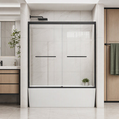 Porte de douche coulissante double de 152 cm (L) x 147 cm (H), cabine de douche en aluminium sans cadre avec verre trempé transparent SGCC de 6 mm, ouverture réversible, quincaillerie en acier inoxydable