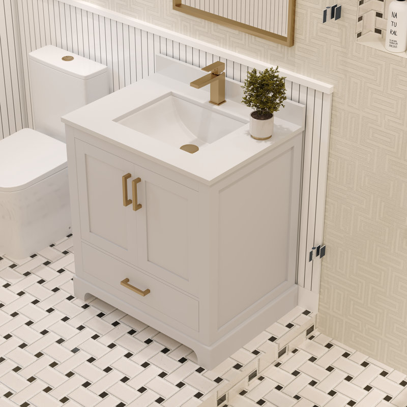 Ensemble de meuble-lavabo simple 30 po avec plateau en quartz Maya, Blanc, Or brossé