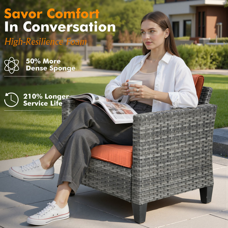 Amerissa 2 - Person Outdoor Wicker Chairs, All Weather Rattan Chairs with Comfy Cushions, Orange Red