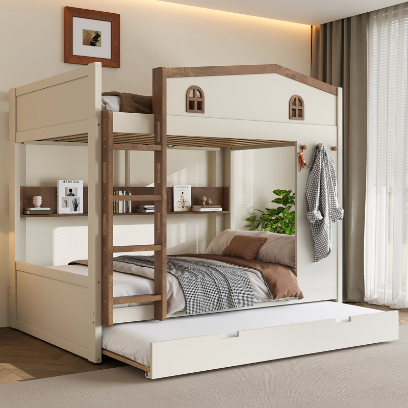 Full over Full Solid Wood Bunk Bed with Trundle, Storage Shelves & Hooks, No Box Spring Needed, Beige, Beige, Full