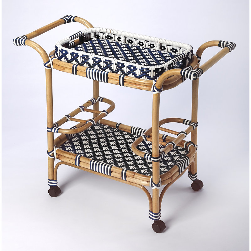 Selena & Rattan Bar Cart, Blue/white