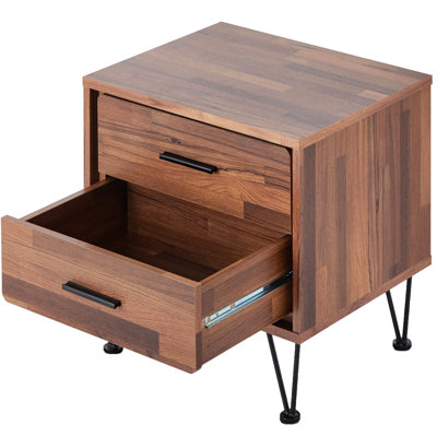 Table d'appoint en noyer 2 avec pieds en épingle à cheveux pour le salon, 2 tiroirs de rangement rectangulaires de style moderne et pieds à la mode