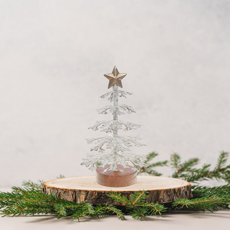 White Snowflake Tree With Acacia Base Small, 11" H x 7" W x 7" D