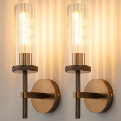 Ensemble de 2 appliques murales en verre à rayures verticales avec finition bronze moleté et luminaire câblé pour miroir de salle de bain, chambre à coucher, couloir et escalier