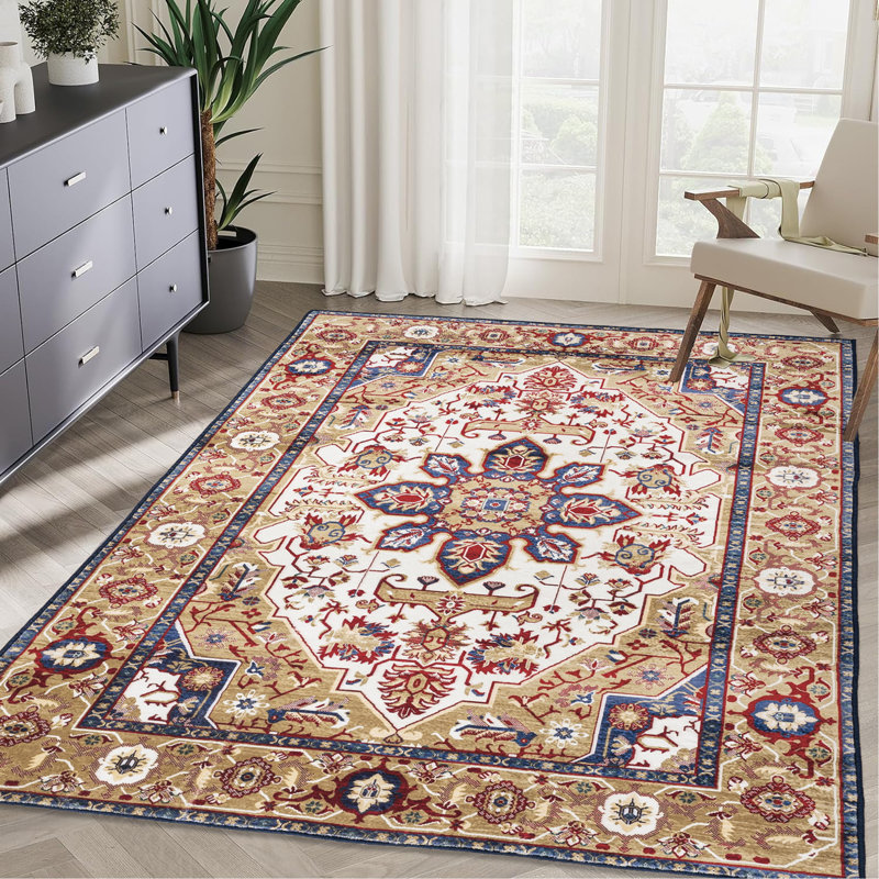 Area Rug 5X7 Vintage Bohemia Large Persian Non-Slip Washable Rug For Living Room Kitchen Bedroom Living Room Flower Design Blue/Gold