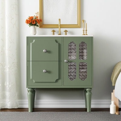 Retro Style 30-inch Green Bathroom Vanity | Standalone Model, Solid Wood Frame + Ceramic Sink, 2-drawer Storage Cabinet
