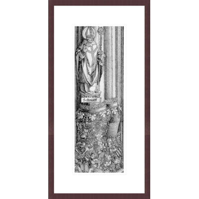 L'arche de triomphe de l'empereur Maximilien Ier d'Allemande (1459-1519): détail de la colonne de la porte de gauche montrant la statue de Saint-Arnoul (d. 643) avec une vigne en dessous et des chérubins soufflant dans un pub. par Albrecht Dürer, impression giclée encadrée