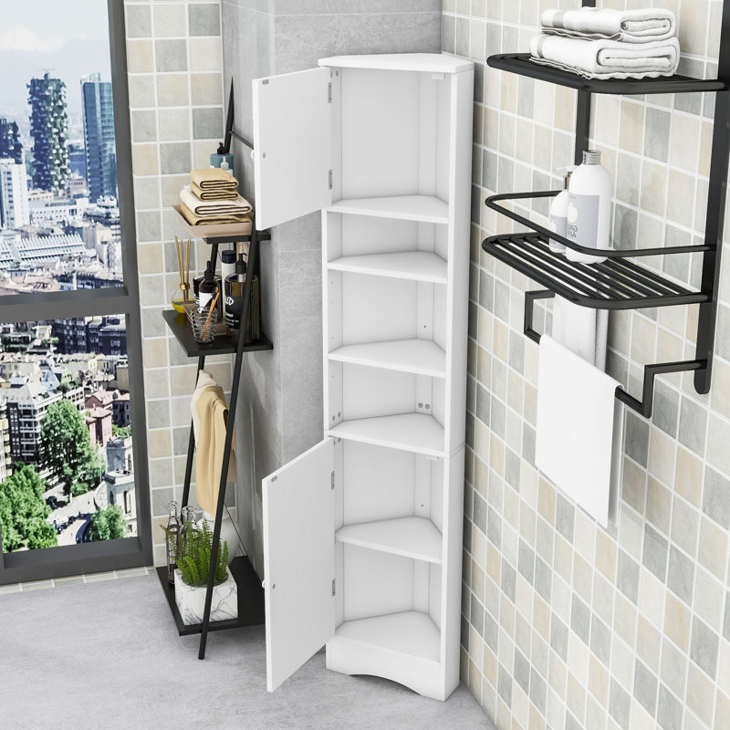 Armoire de salle de bain élégante de coin avec tablettes réglables et armoire de rangement Castellane, Blanc