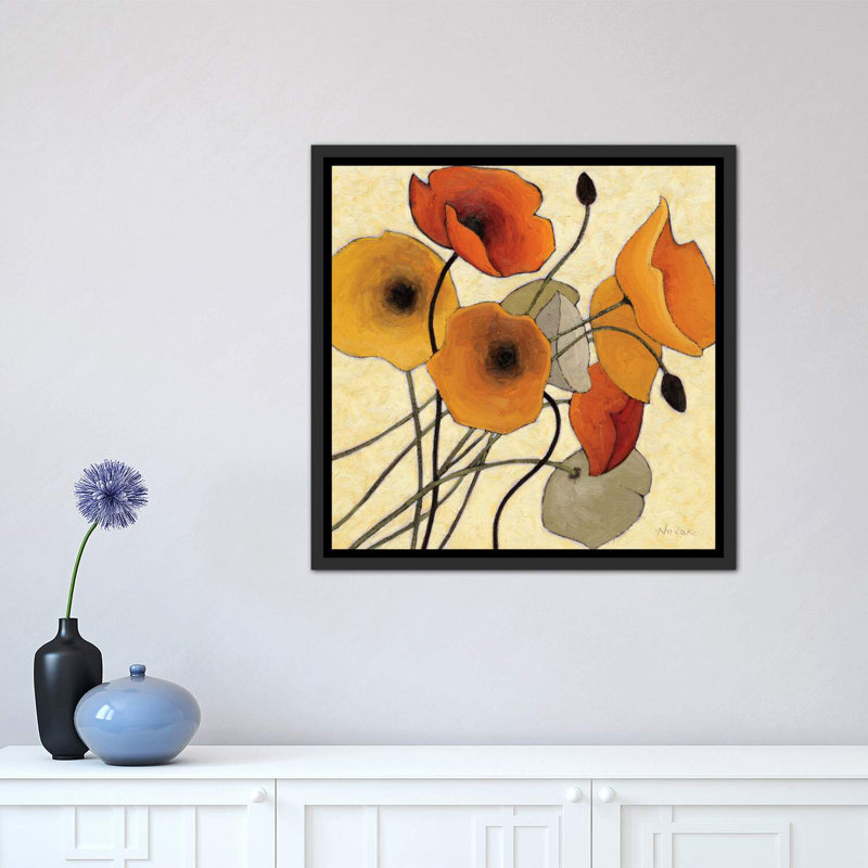 " Pumpkin Poppies II " by Shirley Novak, 26" H x 26" W x 1.5" D, Distressed Black Floater Framed