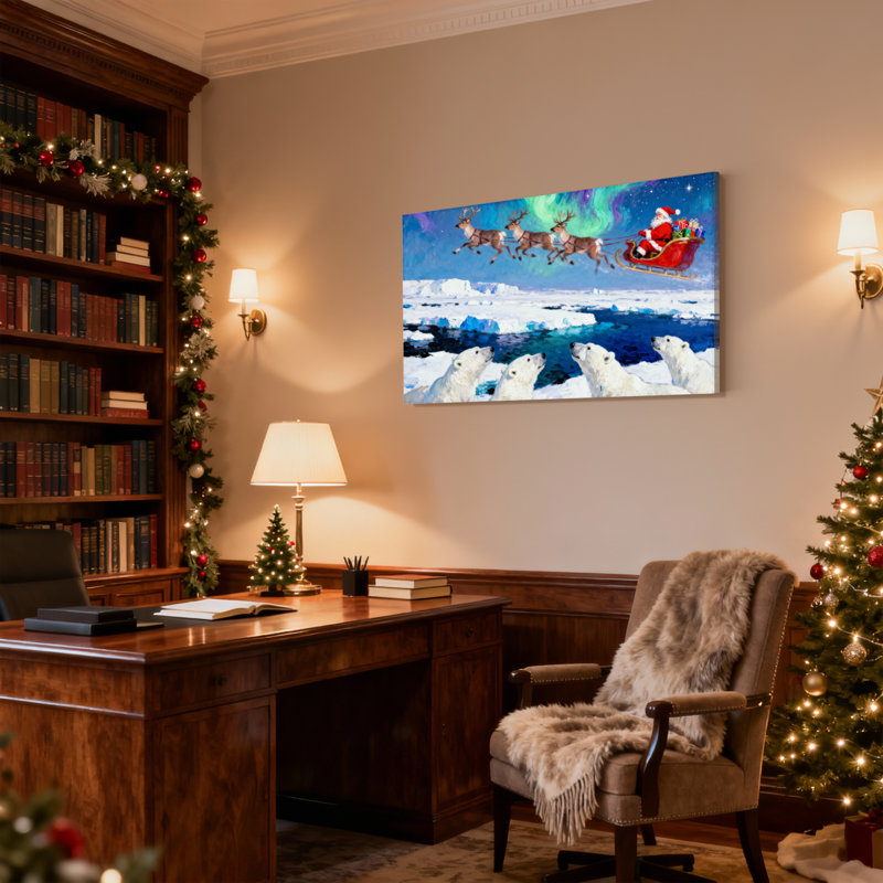 «Christmas Santa Reindeer Sleigh Aurora», ours polaires, paysage de glace, ensemble de 3 impressions sur toile