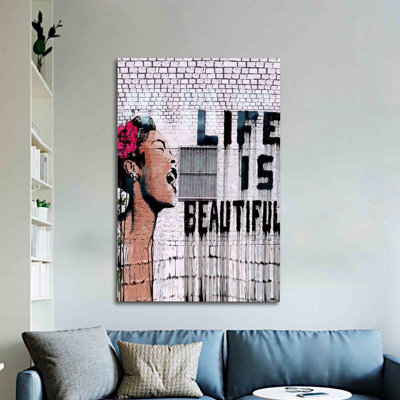 Abstract Woman In Banksy Life Is Beautiful Glass Wall Art For Home Interior Enhancement