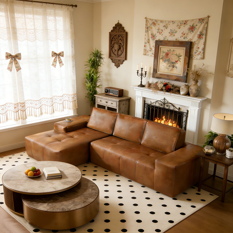 Canapé modulaire 114 po en cuir caramel, aucun assemblage requis, Orienté à gauche (vu de face)