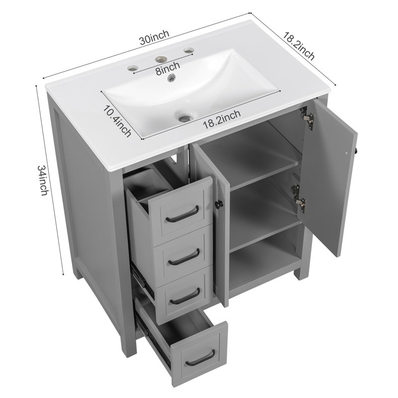 Meuble-lavabo simple 30 po avec comptoir d'évier Farmhouse, armoire autoportante avec 2 portes, 2 tiroirs et tablette ouverte, bois massif et panneau de fibres à densité moyenne, gris