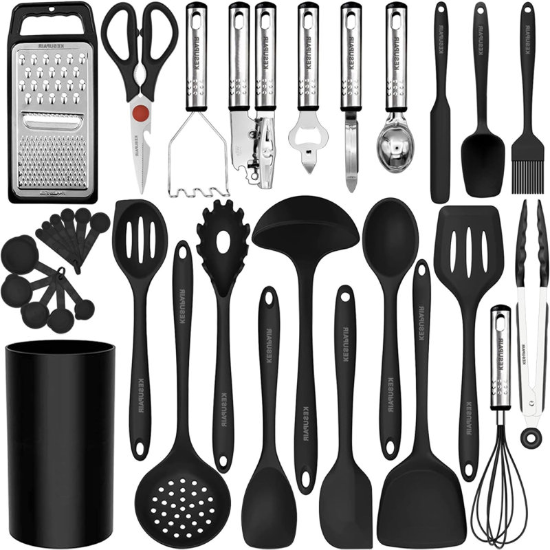Ensemble de 33 ustensiles de cuisine en silicone, acier inoxydable, résistant à la chaleur, noir