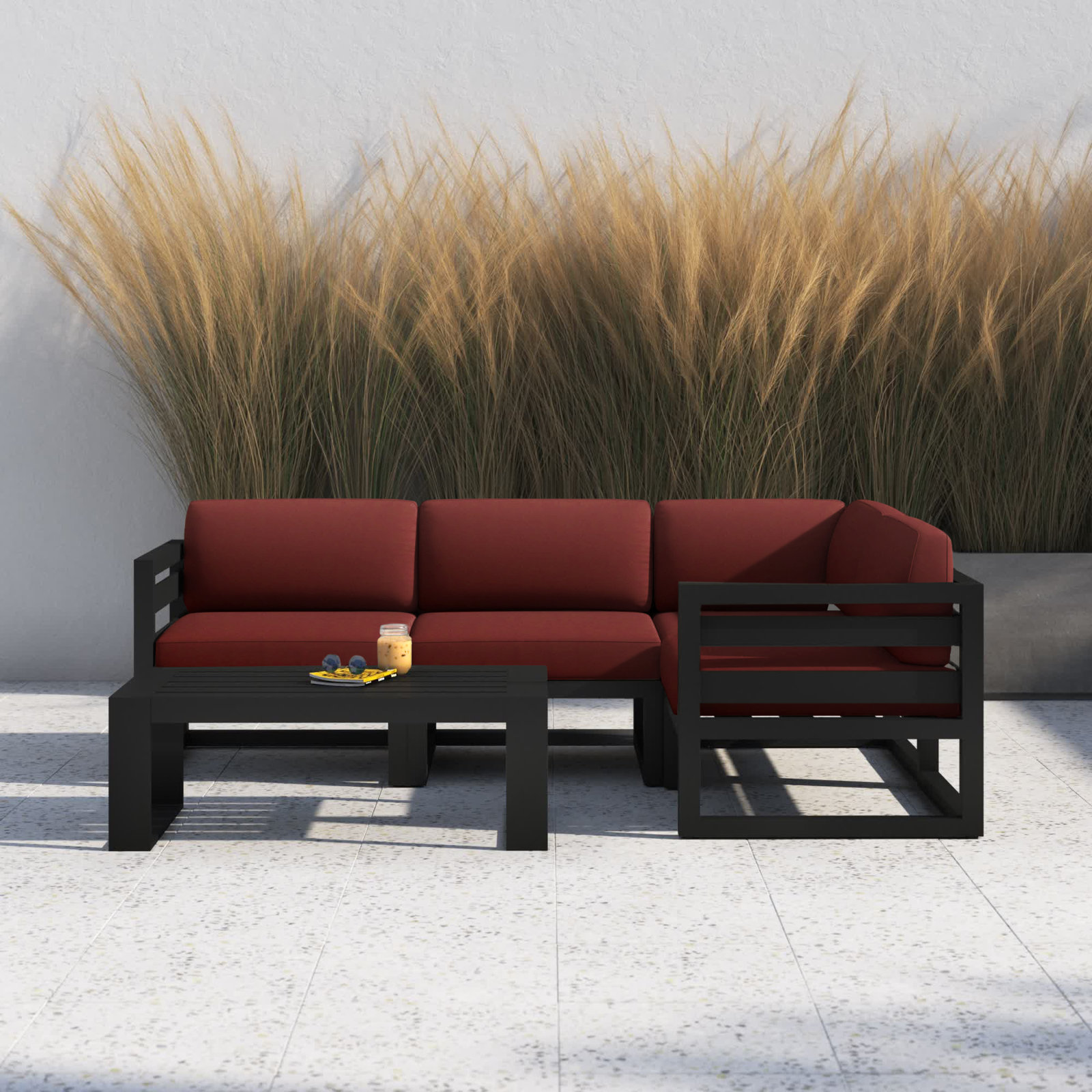 Smith 5 Piece Sectional Seating Group with Sunbrella® Cushions, Canvas Henna, Black