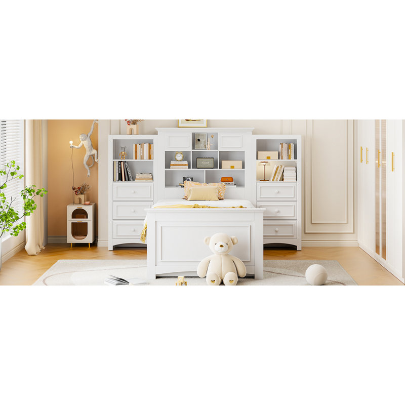 Lit plateforme simple en bois avec armoire verticale tout-en-un et 4 tiroirs de chaque côté, blanc